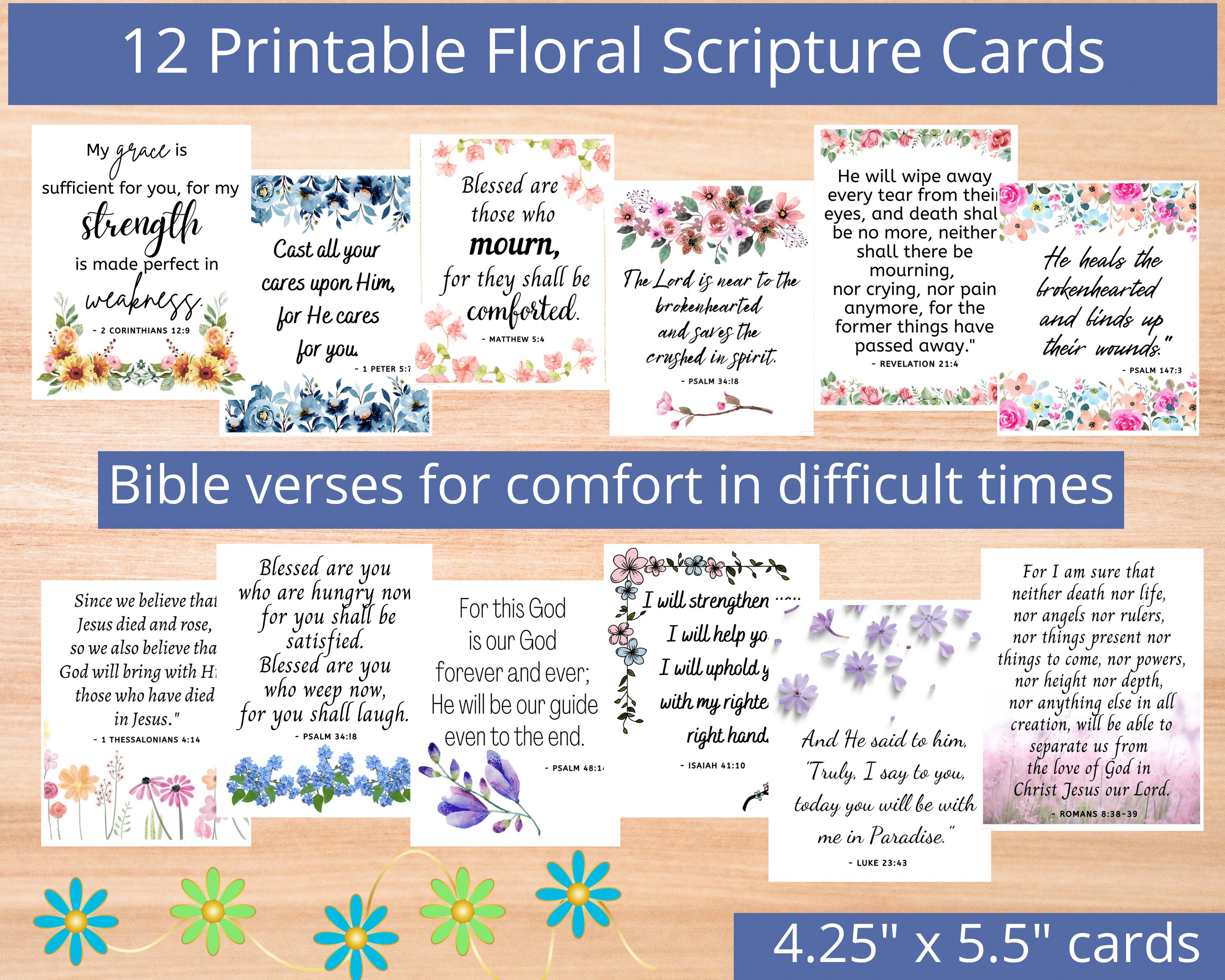 Printable Floral Scripture Cards of Comfort in Difficult Times, Bible ...