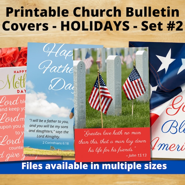 Printable Church Bulletin Covers Holidays Set #2 - Mother's Day, Father's Day, Memorial Day, 4th of July-Multiple sizes! - Digital download