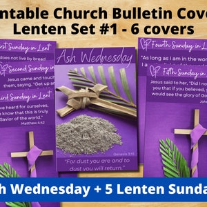 Peut inclure: Couverture de bulletin d'église imprimable pour le Carême. L'ensemble comprend six couvertures, une pour le mercredi des Cendres et cinq pour les dimanches du Carême. Chaque couverture présente un fond violet avec une croix et une citation de la Bible.