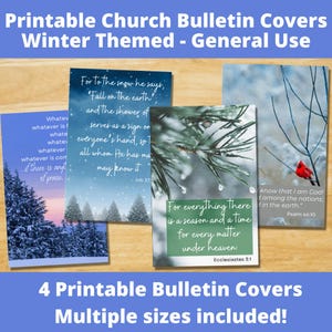 Peut inclure: Quatre couvertures de bulletin d'église imprimables sur le thème de l'hiver. Les couvertures présentent des paysages enneigés, des pins et des versets bibliques inspirants. Le texte sur les couvertures comprend "Car à la neige il dit : 'Tombe sur la terre...'", "Car tout a son temps...", et "Sachez que je suis Dieu ! Parmi les nations..."