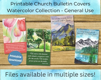 Könnte beinhalten: Druckbare Kirchenbulletin-Umschläge mit Aquarellillustrationen. Die Sammlung umfasst Bilder von Blumen, Landschaften und Bergen, jeweils mit einem Bibelvers. Erhältlich in verschiedenen Größen, diese Umschläge sind für den allgemeinen Gebrauch.