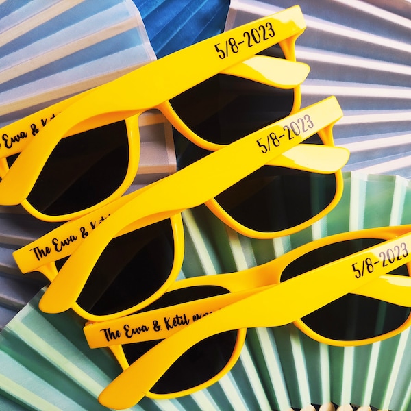 Yellow Personalized Sun Glasses,Wedding Gifts,Colorful Wholesale Sunglasses,Party Favors Print Text on Arms,Cool/Warm colors,Novelty ideas