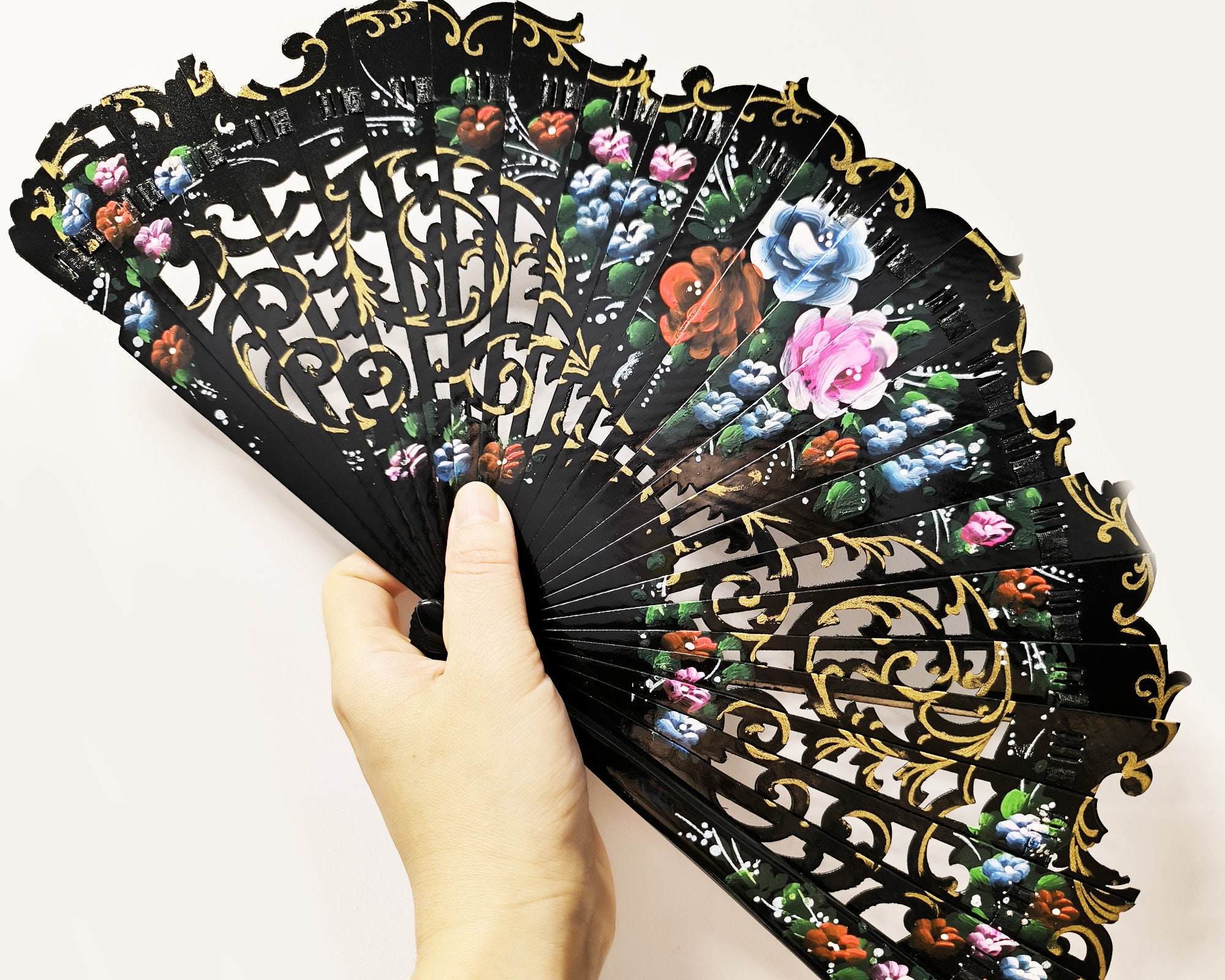 Duories Ventaglio a mano in pizzo, stile vintage, pieghevole, stile vittoriano, spagnolo, pieghevole, per matrimoni, feste, 42,5 x 23 cm, colore
