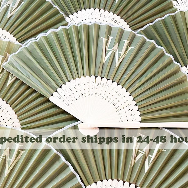 Personalized Imitated Silk  Hand Fans in Sage/Olive green,Initial/Monogrammed Wedding Fans, Party Favors.