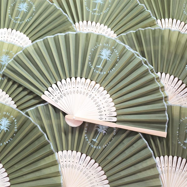 Personalized Imitated Silk  Hand Fans in Sage/Olive green,Initial/Monogrammed Wedding Fans, Party Favors.