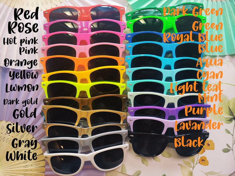 Bulk Personalized Sun Glasses,Wedding Gifts,Colorful Wholesale Sunglasses,Party Favors Print Text on Arms,Cool/Warm colors,Novelty ideas image 4