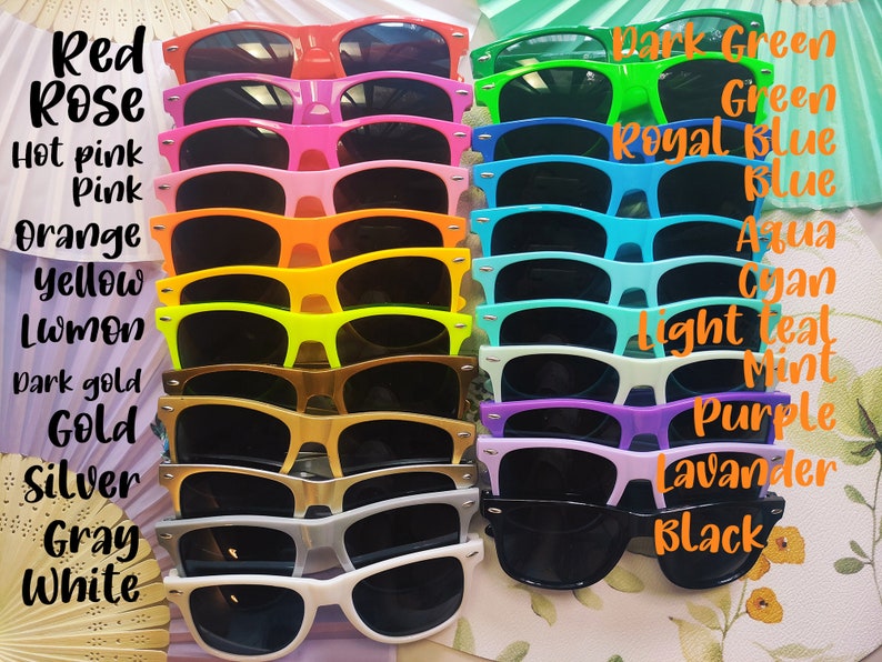 Bulk Personalized Sun Glasses,Wedding Gifts,Colorful Wholesale Sunglasses,Party Favors Print Text on Arms,Cool/Warm colors,Novelty ideas image 1