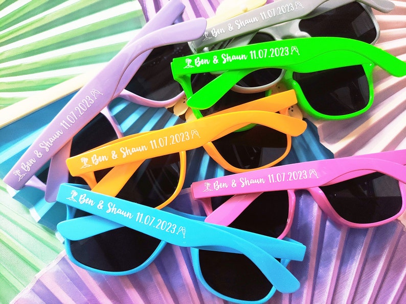Bulk Personalized Sun Glasses,Wedding Gifts,Colorful Wholesale Sunglasses,Party Favors Print Text on Arms,Cool/Warm colors,Novelty ideas image 2