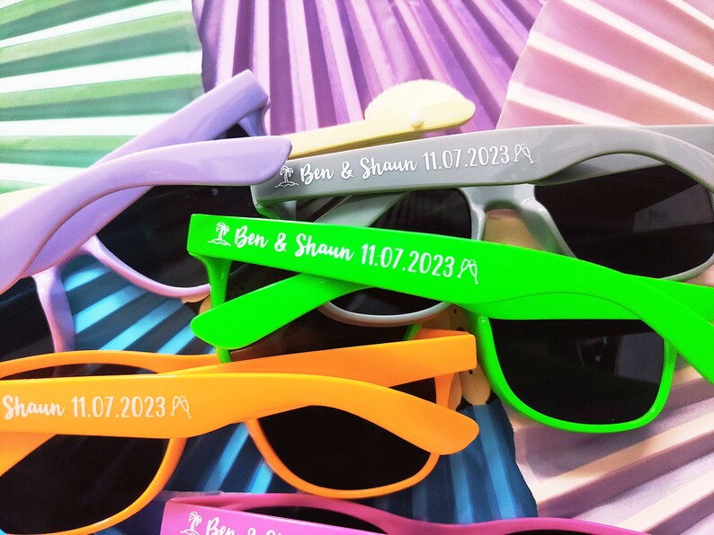 Bulk Personalized Sun Glasses,Wedding Gifts,Colorful Wholesale Sunglasses,Party Favors Print Text on Arms,Cool/Warm colors,Novelty ideas image 3