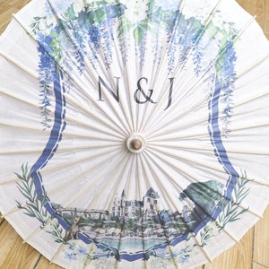 Ombrello parasole da matrimonio personalizzato da 33" in carta bianca vintage. Bomboniere per matrimoni/feste/regali/cartello di benvenuto, accessorio per damigelle/striscione