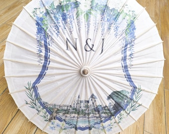 Personalized 33&quot; Vintage White Paper Wedding Parasol umbrella.Wedding/Party favors/Gifts/Welcome Sign,Flower Girl Accessory/Banner
