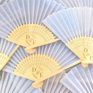 Light Blue Bamboo Wedding Fans, Laser Engraved Personalized Party Favors