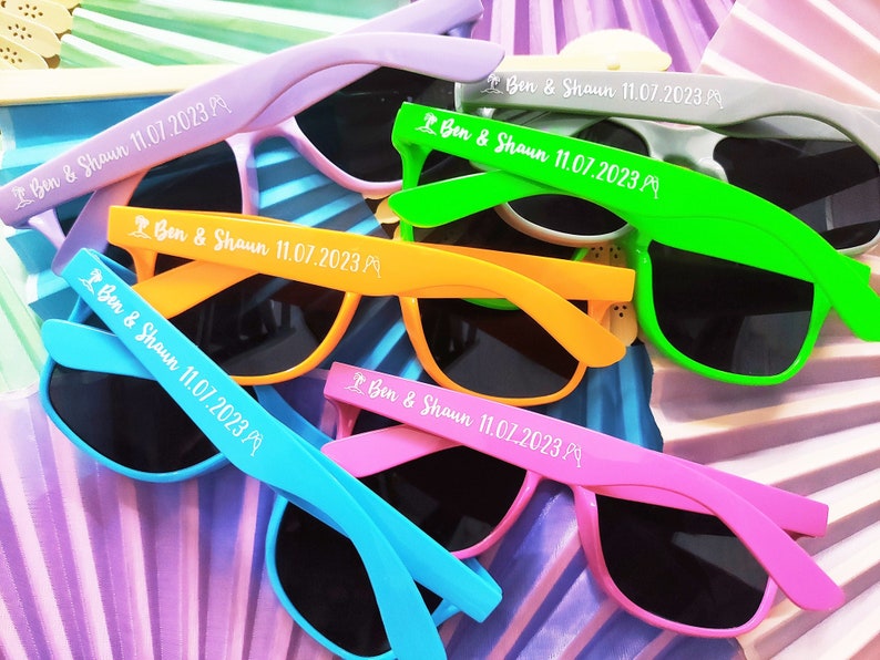 Bulk Personalized Sun Glasses,Wedding Gifts,Colorful Wholesale Sunglasses,Party Favors Print Text on Arms,Cool/Warm colors,Novelty ideas image 1
