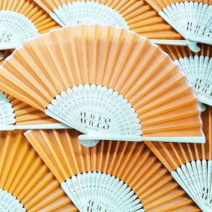 Laser Engraved Orange Silk  Hand Fans,Personalized Bamboo silk Fans,Monogram  Wedding Fans,  Special Event,Party Favors,icon,symbols