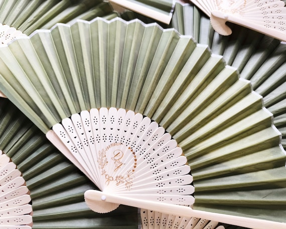 Sage Green Laser Engraved Silk Hand Fans personalized Bamboo Silk Fans monogram Wedding Fans Special Event party Favors icon symbols Etsy UK