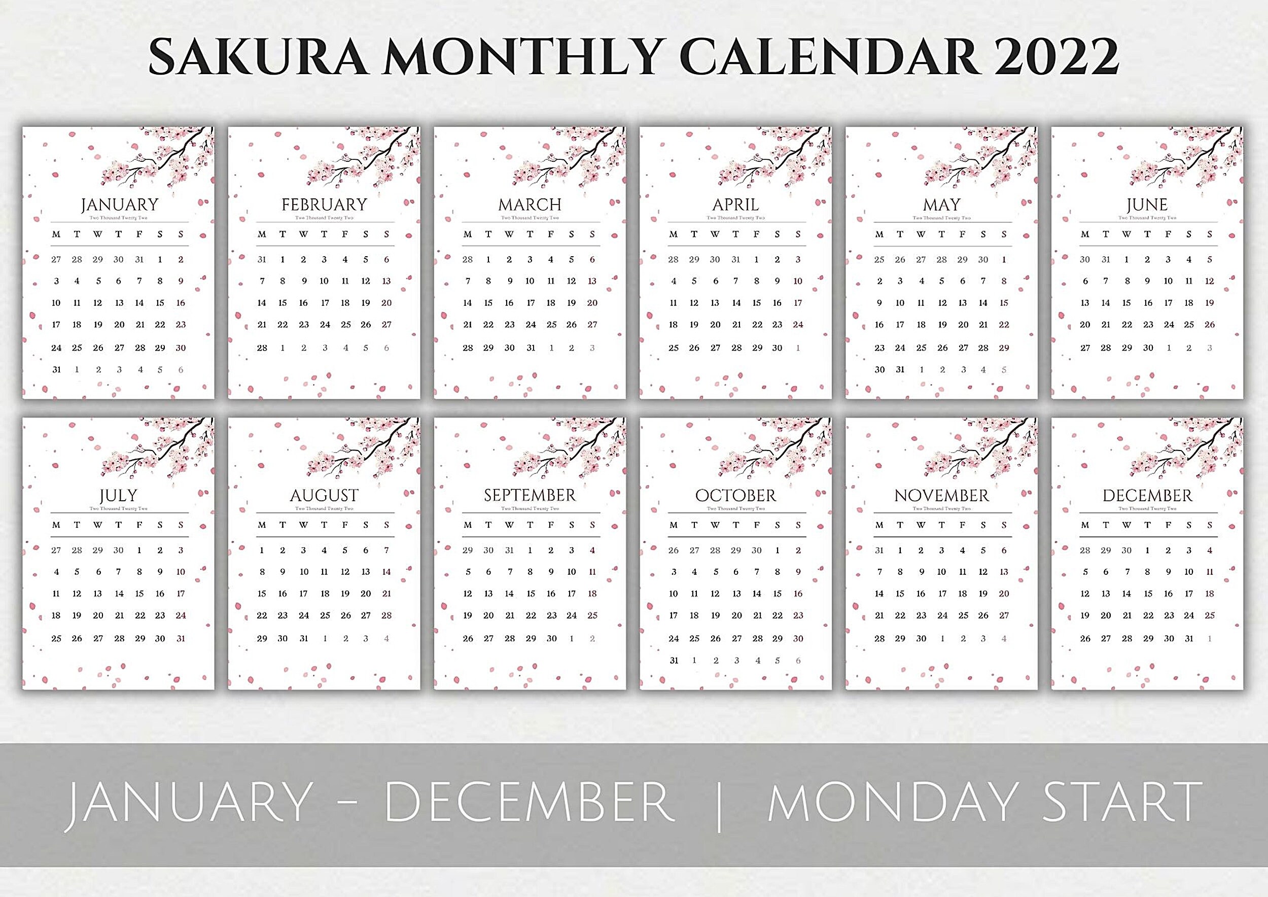 Printable Sakura Monthly Calendar 2022 & 2023. Sakura Etsy Finland