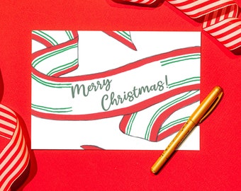 Illustrated Christmas Card – Festive Ribbon – Christmas Wrapping – Merry Christmas – Happy Holidays