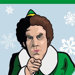 May include: A cartoon illustration of Buddy the Elf from the film Elf, pointing at the viewer with a serious expression. The text "You smell like beef & cheese" is below the image.
