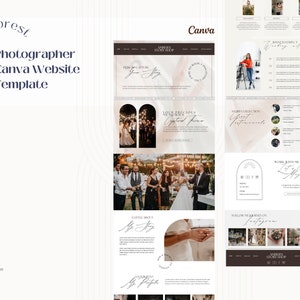 May include: A Canva website template for photographers, featuring a light brown and white colour scheme with images of a couple getting married. The text on the website reads "Help capture your story" and "Your precious memories captured from afar".