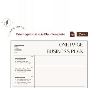 One Page Business Plan Template, 1 Page Business Planner Canva & PDF, Business Plan Outline | 2025 Minimalistic, Simple, Printable, Elegant