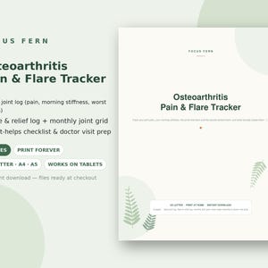 Könnte beinhalten: Ein Osteoarthritis Pain & Flare Tracker Dokument mit hellgrünem Hintergrund und Farnblatt-Akzenten. Der Text umfasst ein tägliches Gelenkprotokoll, ein Flare- und Linderungsprotokoll, ein monatliches Gelenkraster sowie eine Vorbereitung auf Arztbesuche.