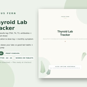 Puede incluir: Un documento digital de seguimiento de laboratorio de tiroides con fondo verde claro y detalles de hojas de helecho. El texto incluye Focus Fern, Thyroid Lab Tracker, registro de resultados, medicación, dosis, cuadrícula de síntomas y 8 páginas A4, A5.