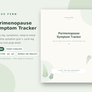 Könnte beinhalten: Ein digitales Dokument zur Verfolgung von Perimenopause-Symptomen von Focus Fern. Das Layout zeigt dunkelgrünen Text auf hellgrünem Hintergrund mit Farn-Illustrationen. Es enthält Abschnitte für tägliche Protokolle und monatliche Raster.