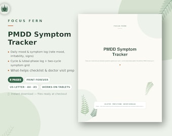 Printbare PMDD-symptoomtracker, stemmings- en menstruatielogboek, tracker voor de luteale fase van de menstruatiecyclus, PDF ter voorbereiding op een doktersbezoek