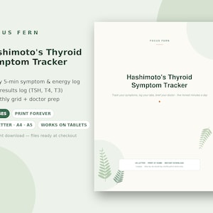 Puede incluir: Un documento digital de seguimiento de síntomas de tiroides de Hashimoto con registro diario de síntomas y energía, registro de resultados de laboratorio TSH, T4 y T3, y cuadrícula mensual. Incluye 8 páginas en formatos US Letter, A4 y A5.