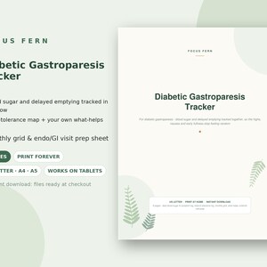 Puede incluir: Un documento digital de seguimiento de gastroparesia diabética con un logotipo de helecho y detalles en verde. El texto incluye funciones como seguimiento de glucosa, mapas de tolerancia alimentaria y cuadrículas mensuales. Disponible en A4, A5 y US Letter.