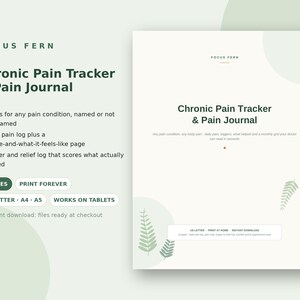 Op de afbeelding: Een digitaal Chronic Pain Tracker & Pain Journal document van 8 pagina's, voorzien van een lichtgroen varenmotief. De tekst bevat 'Focus Fern', 'Chronic Pain Tracker & Pain Journal', 'Works for any pain condition' en 'US Letter, A4, A5'.