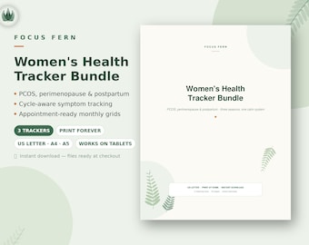 Printbare bundel met gezondheidstrackers voor vrouwen, wellnessplanner voor PCOS, tracker voor perimenopauzesymptomen, postpartum hersteldagboek (pdf)