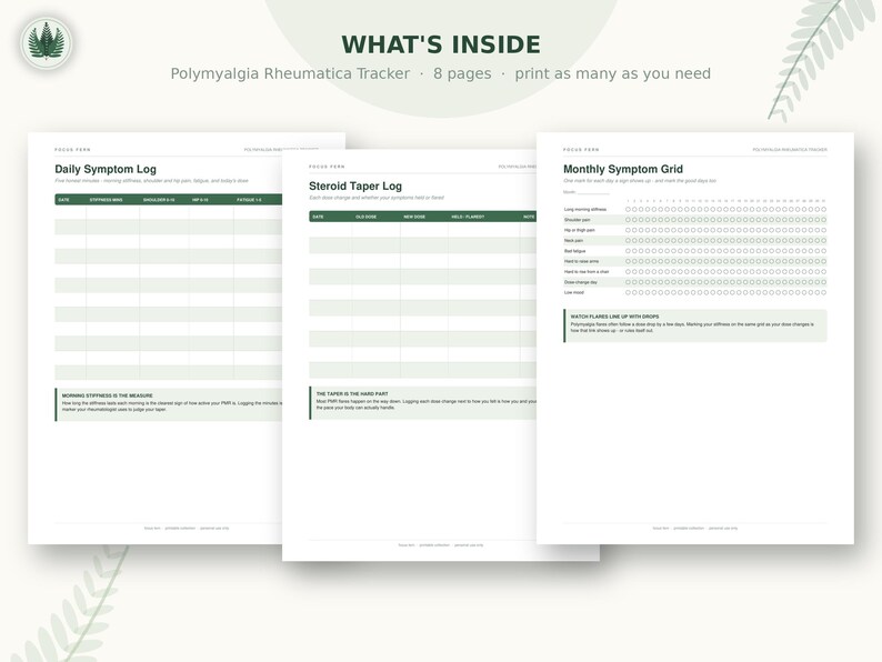 Printbare tracker voor polymyalgia rheumatica | PMR-symptomenlogboek | Rooster voor ochtendstijfheid en steroïde-afbouw | PDF-voorbereiding voor reumatologie afbeelding 2