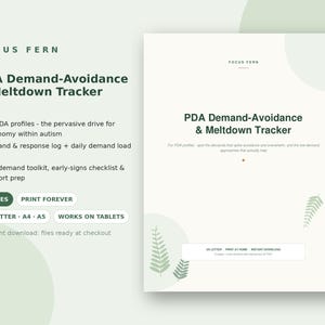 May include: An 8-page PDA Demand-Avoidance & Meltdown Tracker document in US Letter, A4, and A5 sizes. The white pages feature dark green text, fern illustrations, and sections for demand logs, daily load grids, and a low-demand support toolkit.