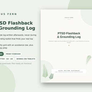 May include: A digital PTSD Flashback & Grounding Log document with a light green background and fern illustrations. The text includes titles, bulleted features, and page format options like US Letter, A4, and A5, presented in a clean layout.