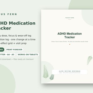 May include: An ADHD Medication Tracker digital document with a light green background and fern leaf graphics. The text includes Focus Fern, ADHD Medication Tracker, daily dose, focus and wear-off log, titration log, side-effect grid, and visit prep.
