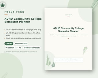 ADHD Community College Planner Printable, 8-Week & Full Term Map, Assignment Tracker, Executive Function Student Organizer PDF
