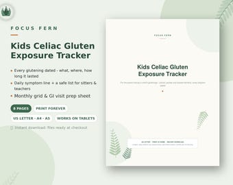 Kids Celiac Gluten Exposure Tracker Printable, Child Gluten Free Symptom Log PDF, Glutening Diary, Celiac Kid Safe Foods Journal