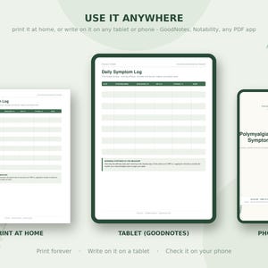 Op de afbeelding: Een digitaal sjabloon voor het bijhouden van symptomen van polymyalgia rheumatica, weergegeven op een tablet, telefoon en een afgedrukt vel. De lay-out bevat een dagelijks symptoomlogboek met kolommen voor datum, stijfheid, pijn en notities.