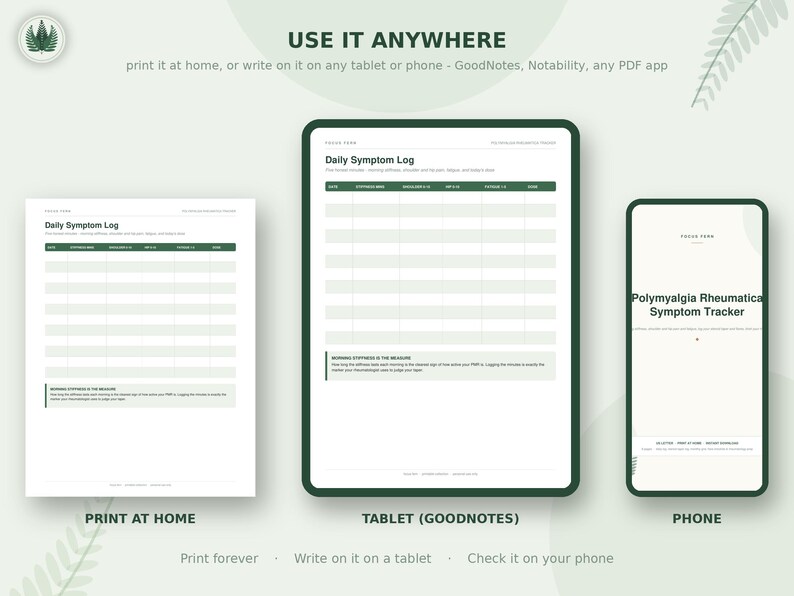Op de afbeelding: Een digitaal sjabloon voor het bijhouden van symptomen van polymyalgia rheumatica, weergegeven op een tablet, telefoon en een afgedrukt vel. De lay-out bevat een dagelijks symptoomlogboek met kolommen voor datum, stijfheid, pijn en notities.
