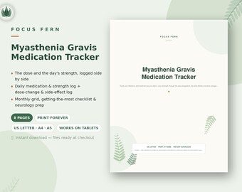 Myasthenia Gravis Medication Tracker Printable, Mestinon Dose and Strength Log PDF, Side Effect Tracker, Neurology Visit Prep