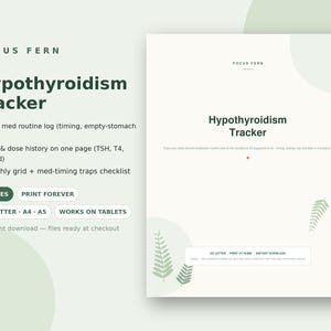 Registro imprimible de hipotiroidismo, registro de medicamentos para la tiroides, diario de síntomas, historial de análisis de TSH y dosis, planificador para tiroides hipoactiva, preparación para la consulta médica.