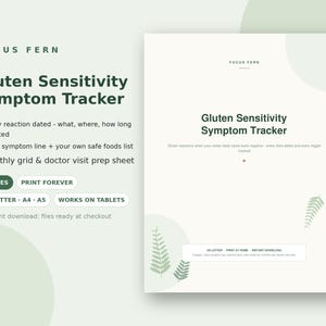 Op de afbeelding: Een digitaal document voor het bijhouden van symptomen van glutengevoeligheid met een lichtgroen en wit kleurenschema en varensbladillustraties. De tekst bevat Focus Fern, Gluten Sensitivity Symptom Tracker, 8 pagina's, US Letter, A4, A5 en werkt op tablets.