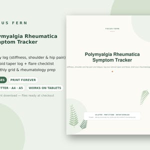 Pode incluir: Um documento digital de rastreamento de sintomas de polimialgia reumática com um design de samambaia verde claro. Inclui um registro diário para rigidez, dor no ombro e quadril, um registro de redução de esteroides e uma lista de verificação.