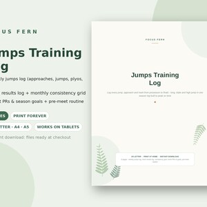 May include: A digital Jumps Training Log template featuring a light green and white color scheme with fern leaf graphics. The document includes sections for weekly logs, meet results, consistency grids, event PRs, and season goals across 8 pages.