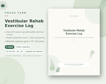Vestibular Rehab Exercise Log Printable, VRT Therapy Tracker, Dizziness Diary, Balance Exercise Journal, Vertigo PT Visit Prep PDF