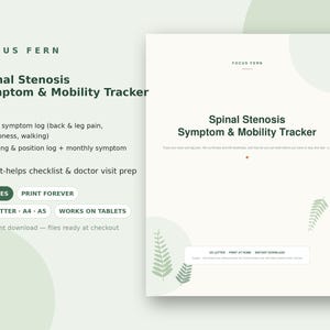 Könnte beinhalten: Ein digitales 8-seitiges Dokument zur Nachverfolgung von Symptomen und Mobilität bei Spinalkanalstenose, gestaltet in Hellgrün und Weiß mit Farnblatt-Grafiken. Der Text umfasst tägliche Symptomprotokolle, Geh- und Positionslogs sowie Arztvorbereitung.