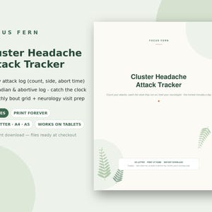 Op de afbeelding: Een digitaal Clusterhoofdpijn Aanvallen Tracker document met een lichtgroene achtergrond en varenblad graphics. De tekst bevat dagelijkse logboeken, circadiane en abortieve logs en maandelijkse roosters. Het omvat 8 pagina's, US Letter, A4 en A5.