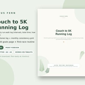 Pode incluir: Um planejador digital de registro de corrida Couch to 5K com um esquema de cores verde claro e branco apresentando ilustrações de folhas de samambaia. O documento inclui seções para registros semanais, marcos e metas em 8 páginas.