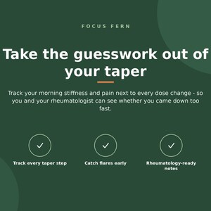 Op de afbeelding: Een donkergroene informatieve afbeelding met de titel Focus Fern en de tekst Take the guesswork out of your taper. Het bevat instructies om ochtendstijfheid en pijn bij te houden, plus drie vinkjes met de labels Track every taper step, Catch flares early en Rheumatology-ready notes.